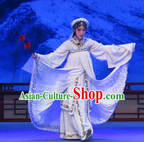 Chinese Ping Opera Widow Zhu Hen Ji Apparels Costumes and Headdress Traditional Pingju Opera Distress Maiden Zhao Jintang White Dress Garment