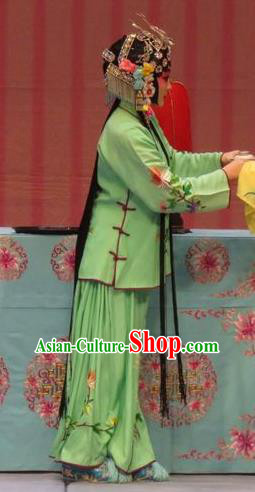 Chinese Ping Opera Servant Girl Green Costumes and Headdress Zhen Zhu Shan Traditional Pingju Opera Young Lady Dress Garment Apparels