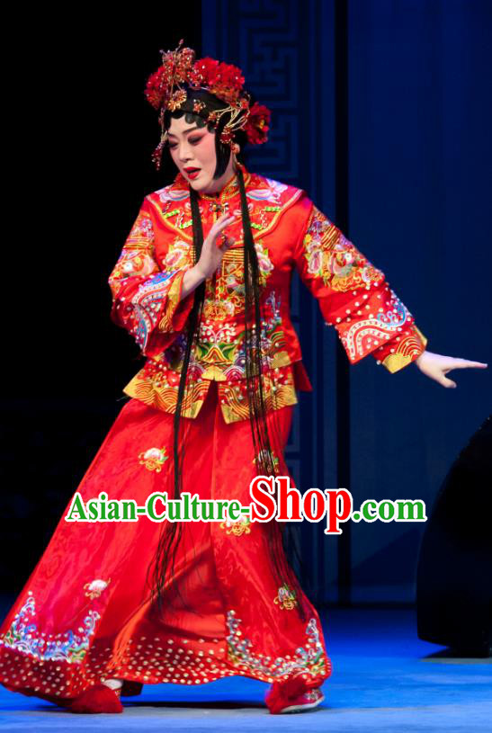 Chinese Ping Opera Bride Red Costumes Apparels and Headdress Geng Niang Traditional Pingju Opera Hua Tan Wedding Dress Garment