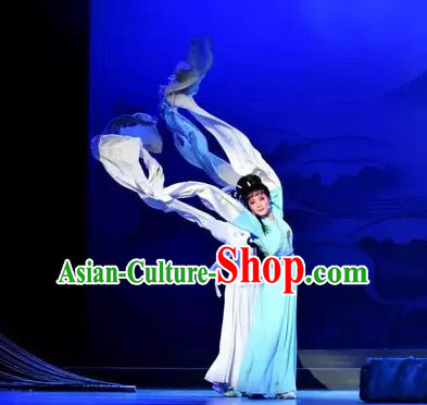 Chinese Shaoxing Opera Civilian Female The Story of Hairpin Qian Yulian Blue Dress Costumes Yue Opera Actress Apparels Garment and Hair Ornament