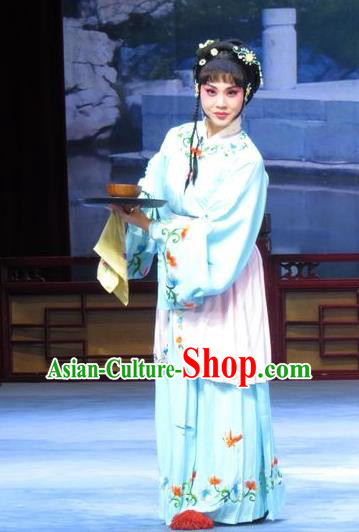Chinese Ping Opera Maidservant Apparels Costumes and Headdress Xue Yu Bing Shuang Traditional Pingju Opera Servang Girl Ai Yu Dress Garment