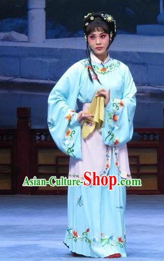 Chinese Ping Opera Actress Young Lady Ai Yu Costumes and Headpieces Xue Yu Bing Shuang Traditional Pingju Opera Dress Servant Girl Blue Garment Apparels