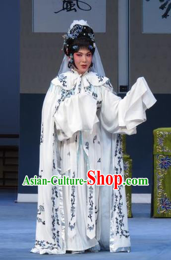 Chinese Ping Opera Distress Maiden Costumes Apparels and Headpieces Xue Yu Bing Shuang Traditional Pingju Opera Diva Qin Xuemei White Dress Garment