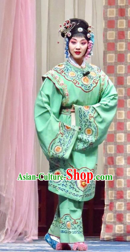 Chinese Ping Opera Young Lady Green Costumes Yu He Qiao Apparels and Headpieces Traditional Pingju Opera Xiao Dan Dress Garment
