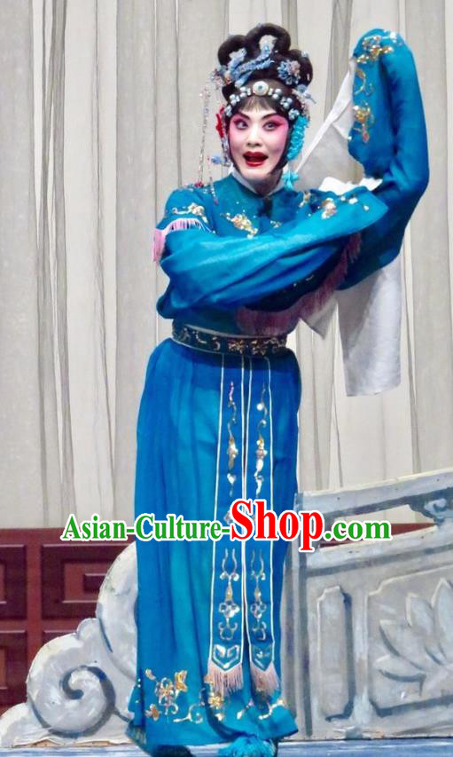Chinese Ping Opera Hua Tan Costumes Yu He Qiao Apparels and Headpieces Traditional Pingju Opera Diva Ke Baozhu Blue Dress Garment