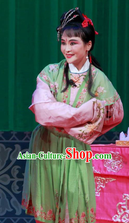 Chinese Ping Opera Xiao Dan Costumes Yu He Qiao Apparels and Headpieces Traditional Pingju Opera Maidservant Green Dress Garment