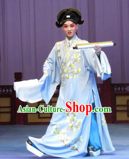 Flower a Matchmaker Chinese Ping Opera Xiaosheng Costumes Pingju Opera Young Male Apparels Scholar Wang Junqing Clothing and Hat