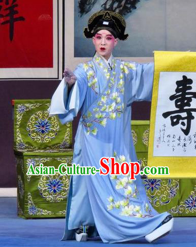 Flower a Matchmaker Chinese Ping Opera Xiaosheng Costumes Pingju Opera Young Male Apparels Scholar Wang Junqing Clothing and Hat