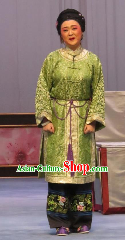 Chinese Ping Opera Fei Jie Elderly Dame Apparels Costumes and Headpieces Traditional Pingju Opera Old Female Green Dress Garment