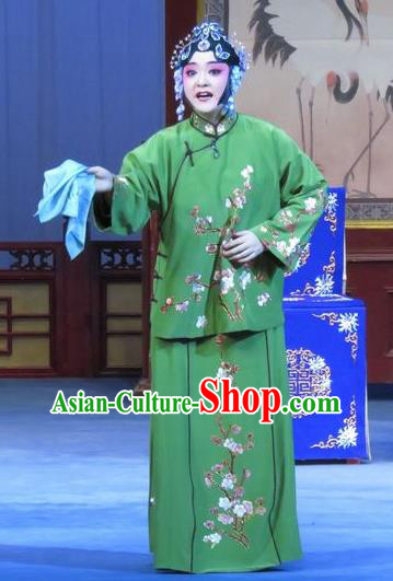 Chinese Ping Opera Young Lady Green Flower a Matchmaker Costumes and Headdress Traditional Pingju Opera Xiandan Dress Garment Apparels