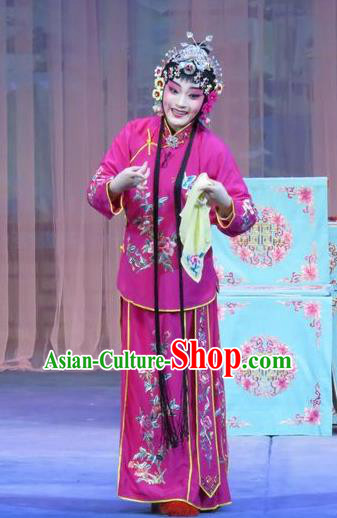Chinese Ping Opera Flower a Matchmaker Young Lady Costumes and Headdress Traditional Pingju Opera Xiandan Dress Garment Young Female Rosy Apparels