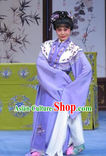Chinese Ping Opera Young Lady Apparels Costumes and Headdress Yuan Yang Pu Traditional Pingju Opera Huadan Purple Dress Garment