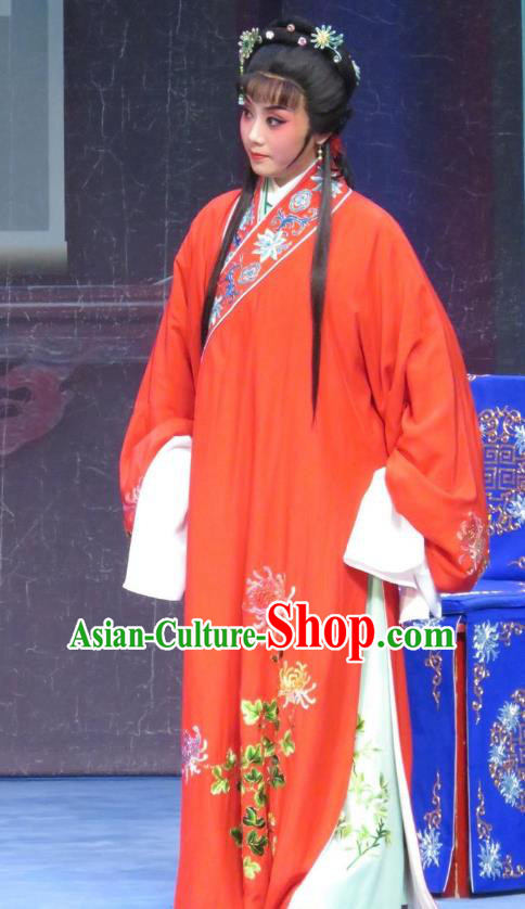 Chinese Ping Opera Young Lady Red Robe Apparels Costumes and Headpieces Yuan Yang Pu Traditional Pingju Opera Diva Dress Garment