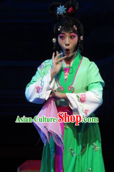 Chinese Ping Opera Servant Girl Apparels Costumes and Headpieces The Five Female Worshipers Traditional Pingju Opera Young Lady Green Dress Garment