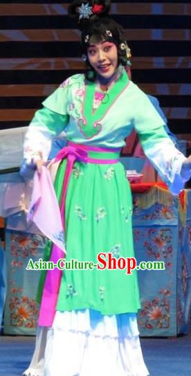 Chinese Ping Opera Servant Girl Apparels Costumes and Headpieces The Five Female Worshipers Traditional Pingju Opera Young Lady Green Dress Garment