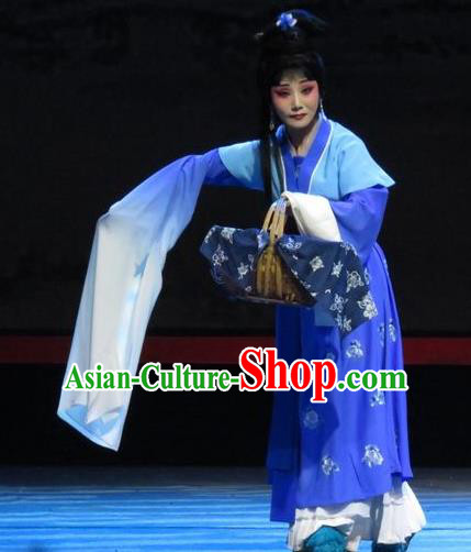 Chinese Ping Opera Country Woman Yang Sanchun Apparels Costumes and Headpieces The Five Female Worshipers Traditional Pingju Opera Diva Blue Dress Garment