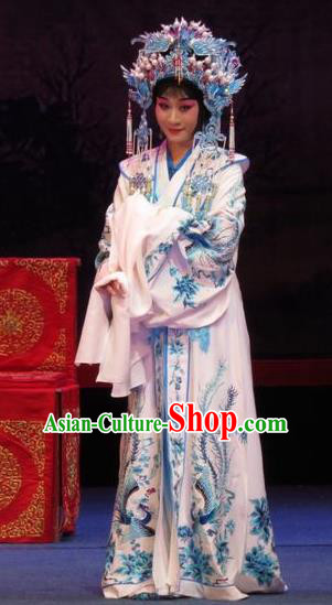 Chinese Ping Opera Yang Sanchun Apparels Costumes and Headdress The Five Female Worshipers Traditional Pingju Opera Hua Tan White Dress Garment