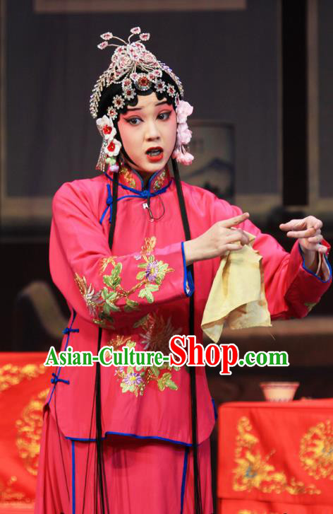 Chinese Ping Opera Xiaodan Apparels Costumes and Headpieces Linjiang Post Traditional Pingju Opera Young Lady Rosy Dress Garment