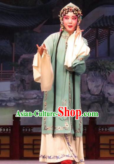 Chinese Ping Opera Huadan Actress Apparels Costumes and Headpieces Remember Back to the Cup Traditional Pingju Opera Green Dress Garment