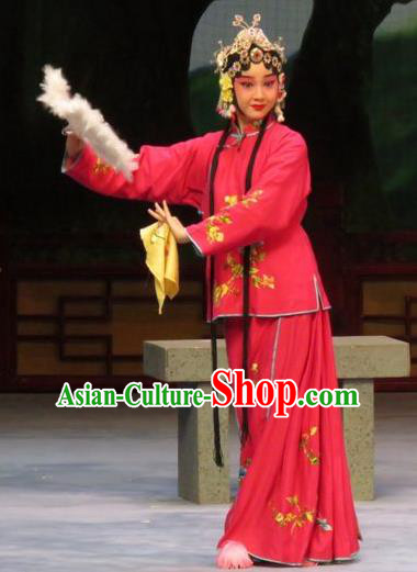 Chinese Ping Opera Young Female Apparels Costumes and Headdress Li Xianglian Selling Paintings Traditional Pingju Opera Diva Red Dress Garment