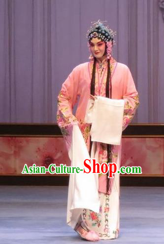 Chinese Ping Opera Huadan Pink Apparels Costumes and Headdress Peach Blossom Temple Traditional Pingju Opera Diva Actress Dress Garment