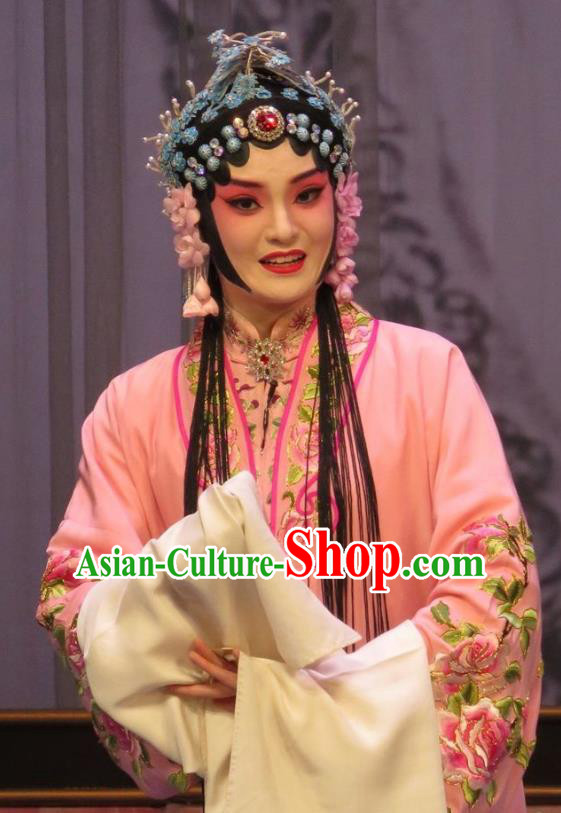 Chinese Ping Opera Huadan Pink Apparels Costumes and Headdress Peach Blossom Temple Traditional Pingju Opera Diva Actress Dress Garment
