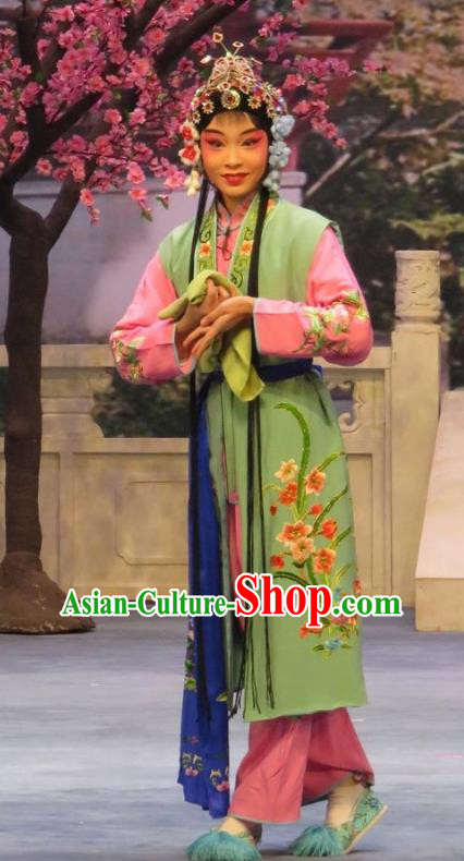Chinese Ping Opera Young Lady Apparels Costumes and Headdress Peach Blossom Temple Traditional Pingju Opera Xiaodan Dress Maidservant Garment
