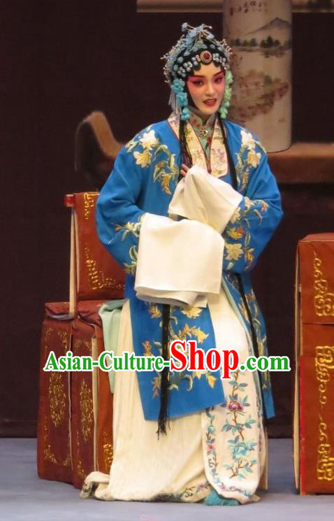 Chinese Ping Opera Young Mistress Apparels Costumes and Headdress Peach Blossom Temple Traditional Pingju Opera Diva Actress Blue Dress Garment