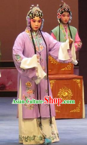 Chinese Ping Opera Apparels Actress Costumes and Headdress Peach Blossom Temple Traditional Pingju Opera Diva Young Mistress Purple Dress Garment