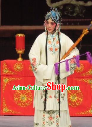 Chinese Ping Opera Diva Apparels Costumes and Headdress Linjiang Post Traditional Pingju Opera Hua Tan Dress Actress Zhang Lanzhen Garment