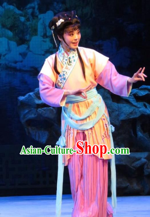 Chinese Ping Opera Young Lady Apparels Costumes and Headpieces Baoyu and Daiyu Traditional Pingju Opera Maidservant Hua Xiren Dress Garment