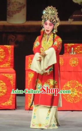 Chinese Ping Opera Bride Apparels Costumes and Headdress Linjiang Post Traditional Pingju Opera Red Dress Diva Zhang Lanzhen Wedding Garment
