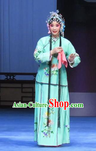 Chinese Ping Opera Huadan Costumes Apparels and Headpieces Traditional Pingju Opera Young Beauty Green Dress Actress Garment
