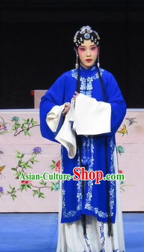 Chinese Ping Opera Rich Female Costumes Apparels and Headpieces Traditional Pingju Opera Huadan Blue Dress Young Beauty Garment