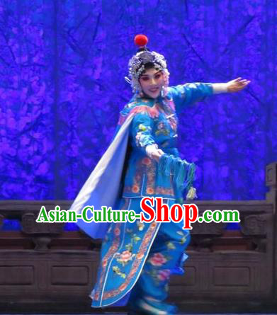 Chinese Ping Opera Female Swordsman Blue Costumes Apparels and Headpieces Yang Bajie You Chun Traditional Pingju Opera Wudan Dress Garment