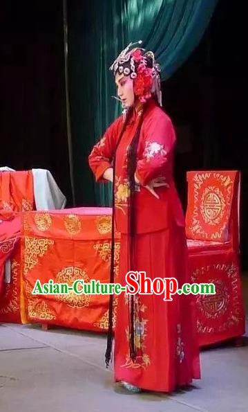 Chinese Ping Opera Hua Tan Xiu Gu Costumes Apparels and Headpieces Chong Yuan Ji Traditional Pingju Opera Actress Red Dress Garment