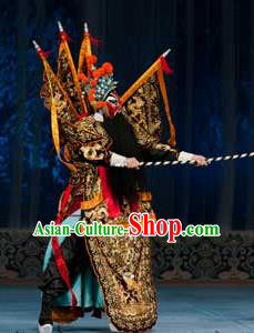 Ma Zhaoyi Chinese Ping Opera General Kao Armor Suit with Flags Costumes and Headwear Pingju Opera Elderly Male Apparels Clothing