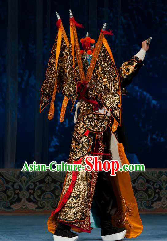Ma Zhaoyi Chinese Ping Opera General Kao Armor Suit with Flags Costumes and Headwear Pingju Opera Elderly Male Apparels Clothing