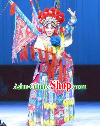 Chinese Ping Opera Female General Kao Armor Suit with Flags Apparels Costumes and Headpieces Traditional Pingju Opera San Kan Yu Mei Diva Dress Garment