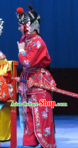 Chinese Ping Opera Martial Female Red Apparels Costumes and Headdress Traditional Pingju Opera San Kan Yu Mei Swordswoman Dress Garment