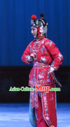 Chinese Ping Opera Martial Female Red Apparels Costumes and Headdress Traditional Pingju Opera San Kan Yu Mei Swordswoman Dress Garment