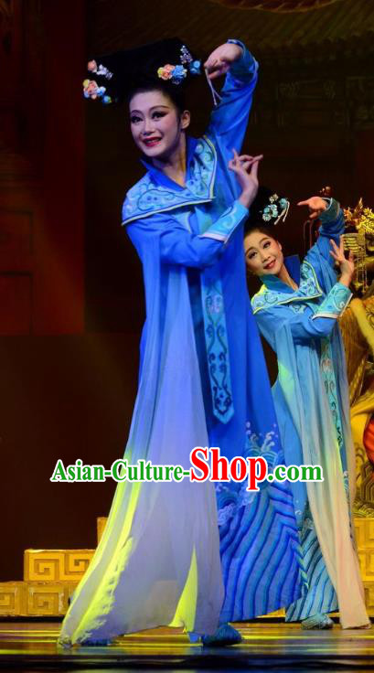 Chinese Ping Opera Palace Lady Costumes Apparels and Headdress Xiaozhuang Changge Traditional Pingju Opera Actress Blue Dress Garment