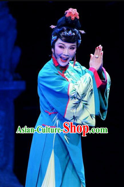 Chinese Ping Opera Hostess Leng Yuefang Costumes Apparels and Headdress Ji Yin Chuan Qi Traditional Pingju Opera Diva Green Dress Garment