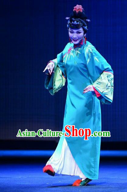 Chinese Ping Opera Hostess Leng Yuefang Costumes Apparels and Headdress Ji Yin Chuan Qi Traditional Pingju Opera Diva Green Dress Garment