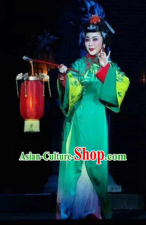 Chinese Ping Opera Actress Costumes Widow Leng Yuefang Apparels and Headpieces Ji Yin Chuan Qi Traditional Pingju Opera Hua Tan Green Dress Garment