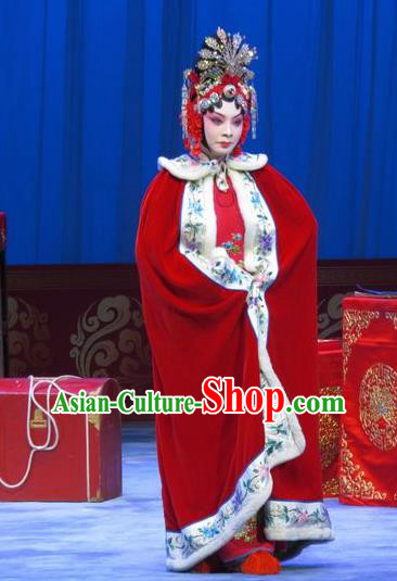Chinese Ping Opera Hua Tan Du Shiniang Red Costumes Apparels and Headpieces The Beautiful Courtesan Traditional Pingju Opera Diva Dress Garment