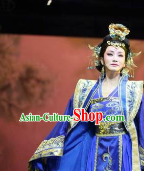 Chinese Shaoxing Opera Hua Tan Court Queen Blue Dress Costumes Yue Opera Zhen Huan Apparels Royal Dame Garment and Headdress