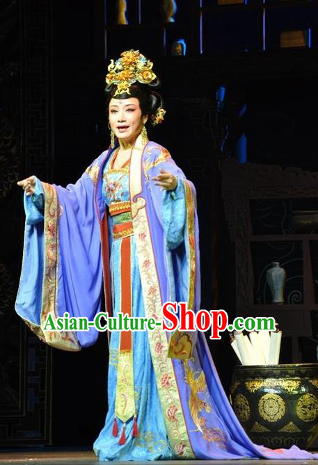 Chinese Shaoxing Opera Diva Hua Tan Costumes Yue Opera Zhen Huan Apparels Garment Imperial Consort Purple Dress and Headpieces