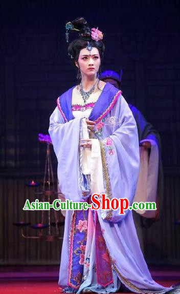 Chinese Shaoxing Opera Diva Imperial Consort Costumes Yue Opera Hua Tan Zhen Huan Apparels Court Lady Garment Purple Dress and Hair Accessories