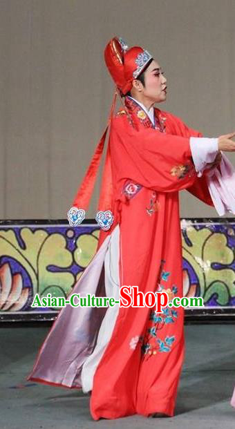 Chinese Yue Opera Xiaosheng Apparels The Wrong Red Silk Shaoxing Opera Young Men Costumes Scholar Garment and Hat